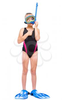 Happy girl with snorkel equipment, isolated over white