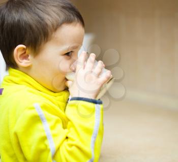 Cute little boy is dipping his tongue in the glass of milk