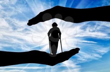 Disabled woman stands on crutches in hands against sky day. Concept protection of disabled persons