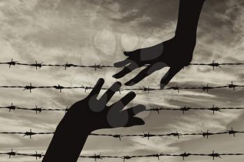 Concept of refugee. Silhouette helping hand to refugees on the background of the fence of barbed wire