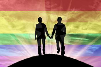 Gay concept. Silhouette of happy couple gay men holding hands on a sky background rainbow