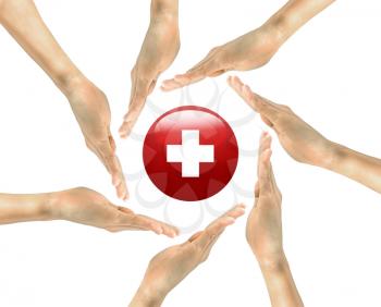 Concept of medicine and the Red Cross. red cross symbol in human hands