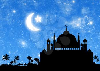 Concept of the Islamic religion. Silhouette of the town hall in the background of the starry sky and the moon