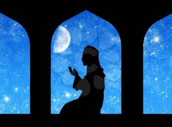 ?oncept of the Islamic religion. Silhouette of the town hall and praying men on the background of the starry sky and the moon
