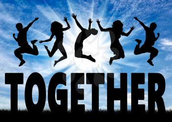 Together concept. Silhouette people jumping over the word together