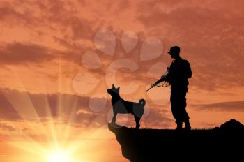 Silhouette of soldiers with weapons and dogs on the top at sunset