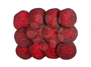 Beet wheels slices closeup texture isolated on white background