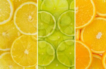 Fruit mix of lemon, lime and orange fruit texture close-up
