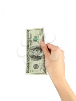 Concept of cash. One hundred dollars in hand on white background