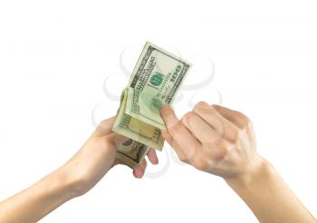 Concept of cash. Money US dollars in the hands on a white background