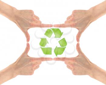 Concept of plastic recycling. Recycling symbol in the center of the four hands