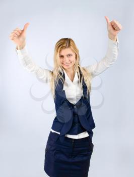 Concept of success in business. Smiling business woman with an emotion of joy