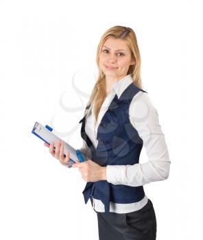Business woman in a suit with a tablet in hand on white background