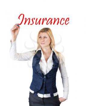 Insurance concept. Business woman writing the word insurance