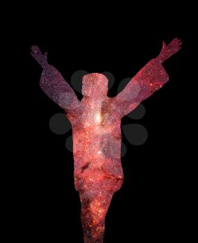 Concept of religion, space and emotion. Silhouette of happy man in space