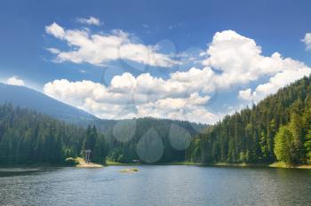 Mountain lake in the woods on a background of mountains. Summer landscape