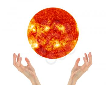 Concept of alternative solar energy. Sun in a man's hands NASA