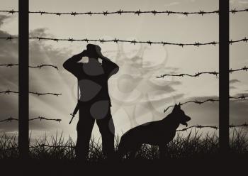 Illegal immigration of refugees. Silhouette of a broken border fence and border guards with a dog