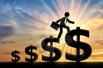 Concept of purpose and success. Businessman with briefcase walking on symbol of the big dollar