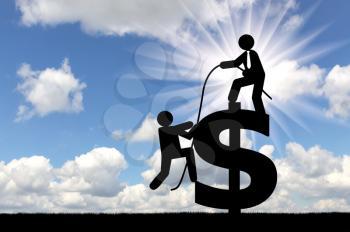 Concept of teamwork. Man standing on a dollar sign, gives rope another person, to achieve success together