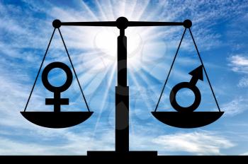 Silhouette of gender symbols on the scales of justice which are equal in rights. The concept of equal rights for women with men