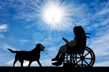 Silhouette of a disabled child girl sitting in a wheelchair reading a book near her dog. Conceptual image of the life of children with disabilities