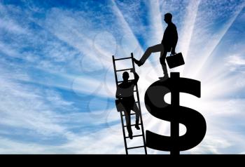 Silhouette of a businessman climbs the stairs, and another businessman standing on a dollar symbol pushes this ladder. The concept of inequality and injustice