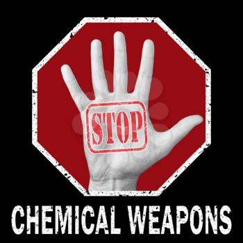 Stop chemical weapon conceptual illustration. Open hand with the text stop chemical weapon . Global social problem