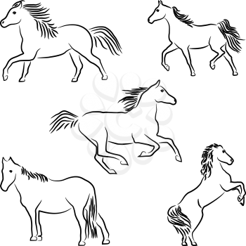 Five stylized horses isolated on white background.