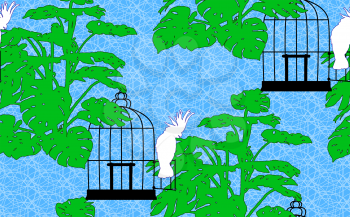Beautiful seamless background with a bird cage, a cockatoo and Monstera.