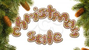 The inscription Christmas sale, consisting of cookies. Isolated on white. On both sides of spruce branches with cones.