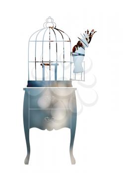 Double exposure with a silhouette of an elegant chest of drawers and a birdcage. Cockatoo sits on the door open cage.