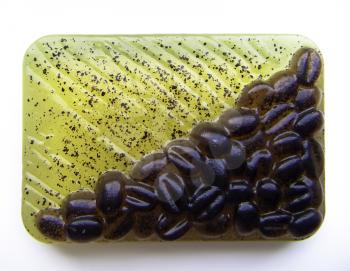 Natural handmade soap coffee, with bulk coffee beans.