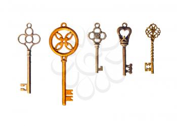 A set of five decorative keys. Isolated on white.