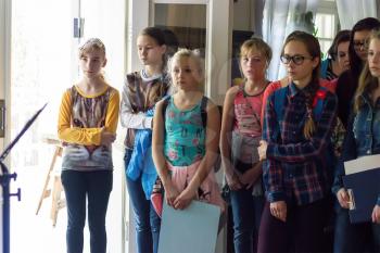 Village Kaskovo, Russia - 25 September 2015: children listen to the guide house-museum Dacha Seagull, the village Kaskovo, Tver region, Russia.