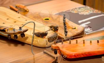 Russian musical instrument gusli in the museum. Close-up.