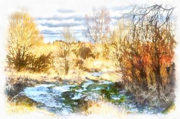 Watercolor painting of a beautiful winter landscape.