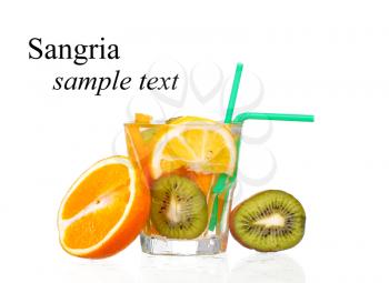 pitcher with a refreshing drink with lemon slices of orange and kiwi on white background(with sample text)