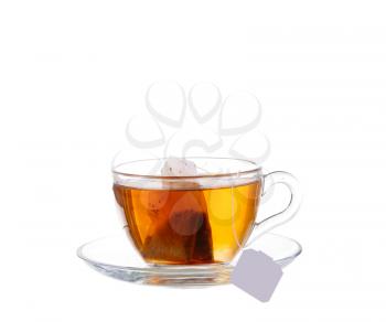 Glass of Tea with Bag End. Isolated on white background, with clipping path