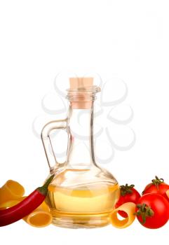olive oil, cherry tomatoes and yellow spaghetti on white background