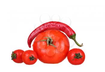 Red chili peppers with red tomatoes isolated on the white background
