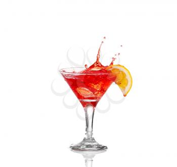 Cocktail with splash and lime slice isolated on white