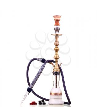 collage Hookah isolated on a white background. Water pipe, hookah tobacco, coal, charcoal