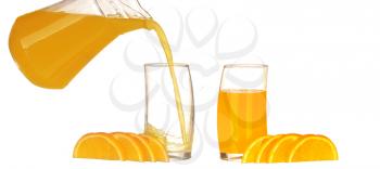 collage Orange juice and slices of orange isolated on white
