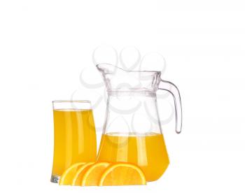 Orange juice in pitcher and oranges. Isolated on white background