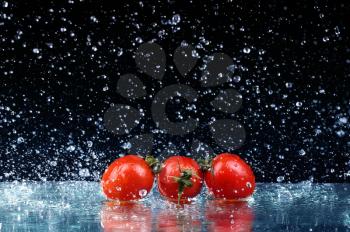 Studio shot with freeze motion of cherry tomatoes in water splash on black background