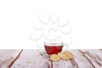 Cup tea with mint and lemon isolated on a white background