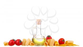 olive oil, cherry tomatoes and yellow spaghetti on white background