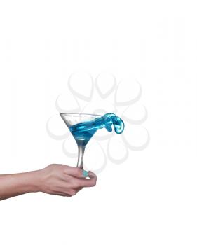 Blue alcoholic cocktail on white isolate splash