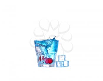 blue cocktail with ice and cherry splash on white